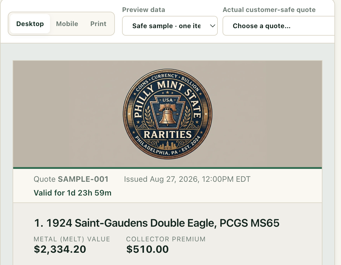 The customer-facing quote previewed in Quote Studio: the shop’s own logo and colours, the quote number, how long it stays valid, and the first line showing metal melt value beside collector premium.