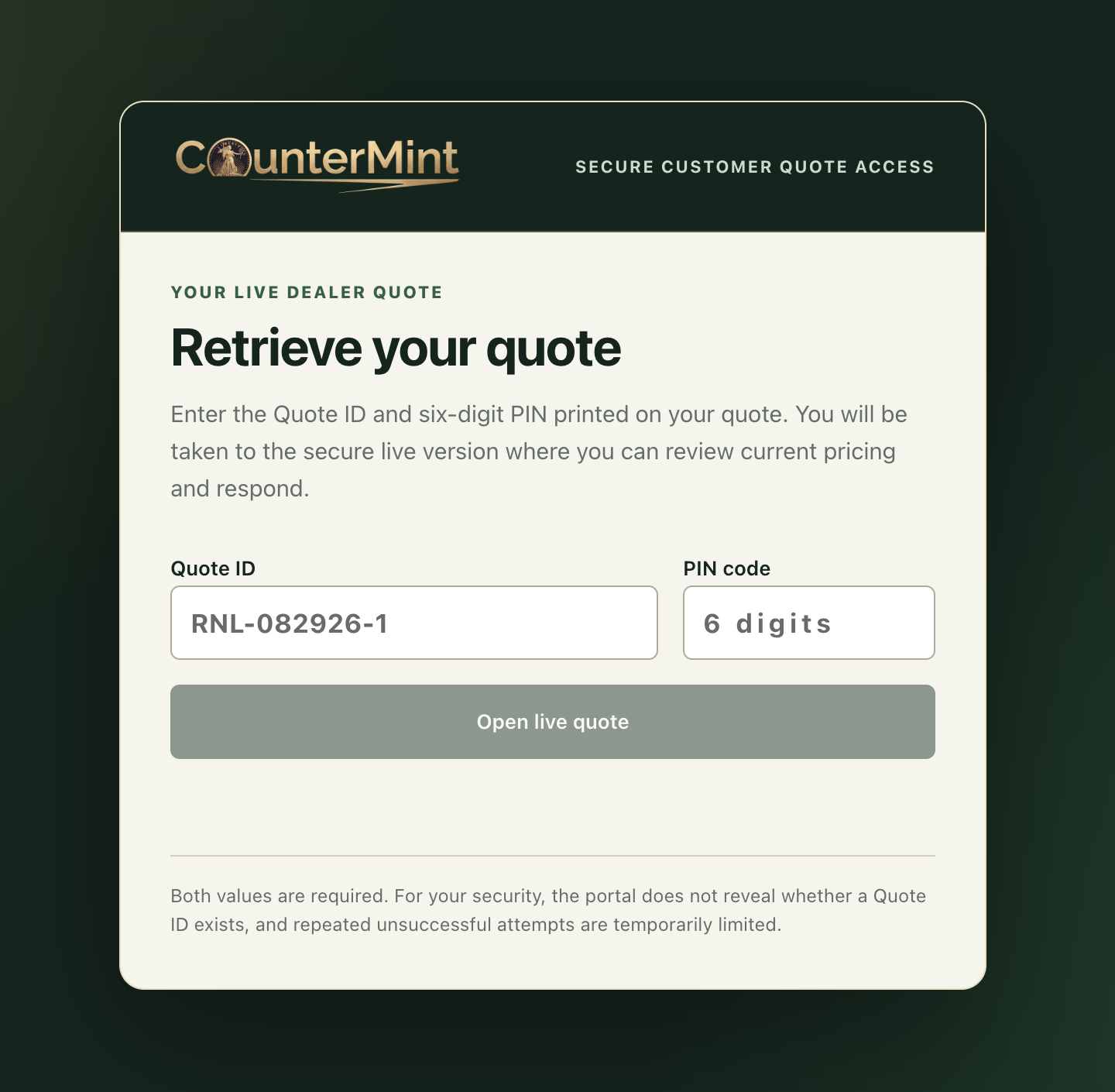 The CounterMint secure customer quote access portal, asking for a Quote ID and a six-digit PIN code to open the live version of a printed quote.