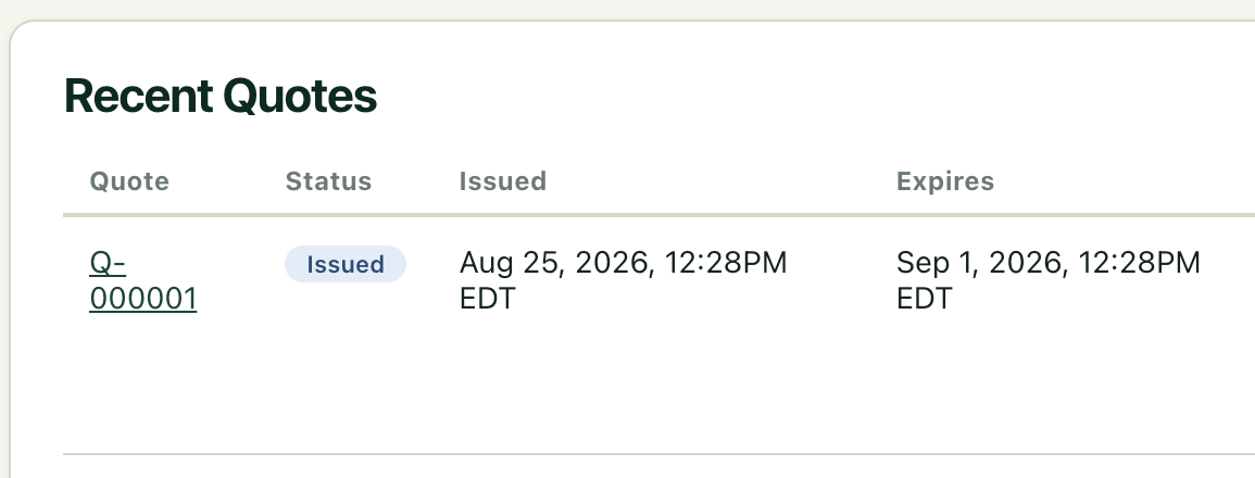 A dealer’s recent quotes list in CounterMint, showing the quote number, its status, and the times it was issued and expires.