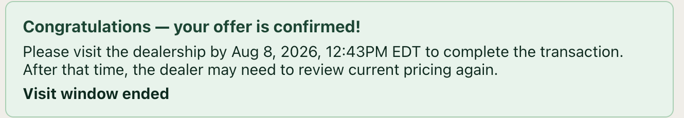 A confirmed offer on a customer’s quote, telling them the date and time by which they must visit the shop, and showing that the visit window has since ended.