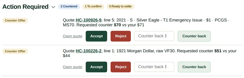The dashboard’s Action Required list in the demo with a customer counter of $51 against the dealer’s $44, and Accept, Reject and Counter back buttons.