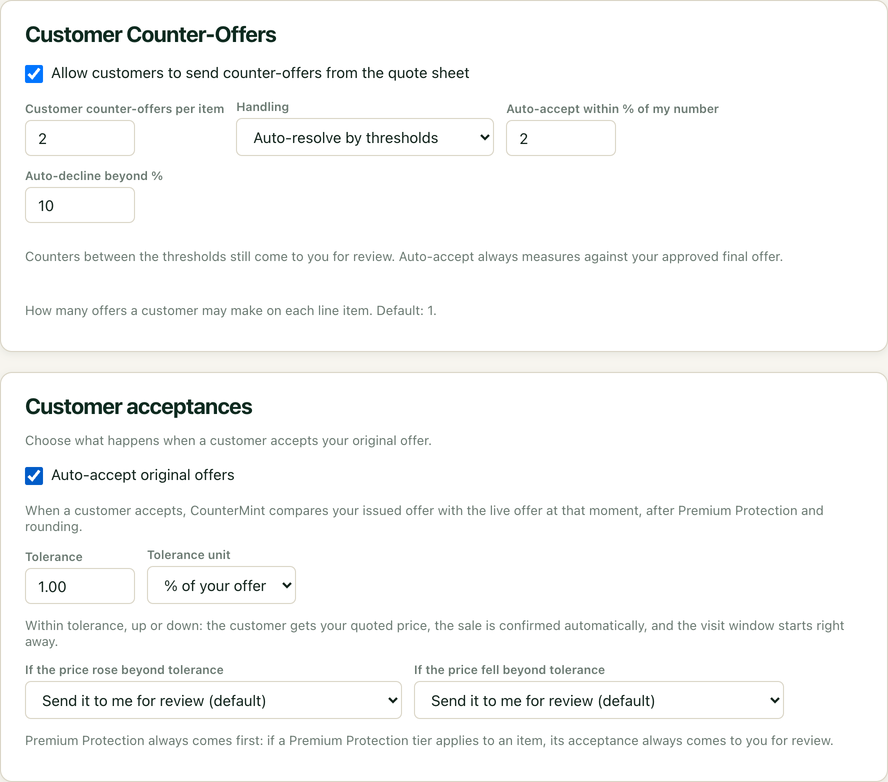 Settings in the demo: customer counter-offers allowed, with auto-accept and auto-decline thresholds, and customer acceptances with a tolerance and a choice of review or automatic acceptance when the price moves.
