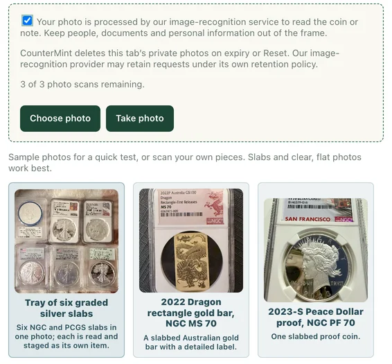 New Appraisal in the demo with Choose photo and Take photo open and the tray of six graded silver slabs selected as the sample photo.
