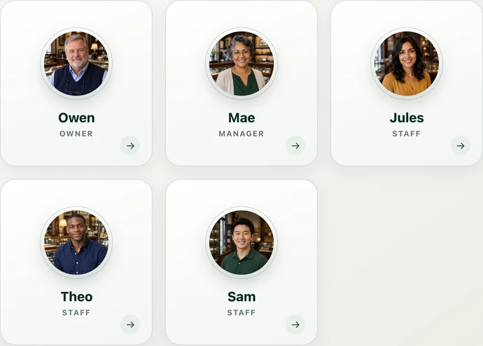 Five fictional Demo staff profiles with Owen first, followed by Mae, Jules, Theo and Sam.