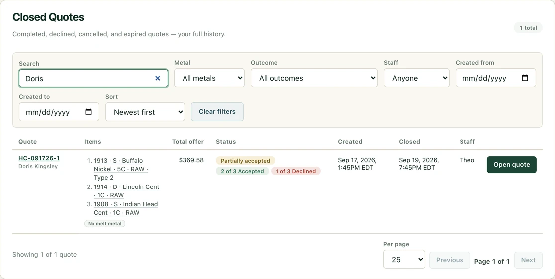 Quote history with search and filters and a partially accepted Demo quote.