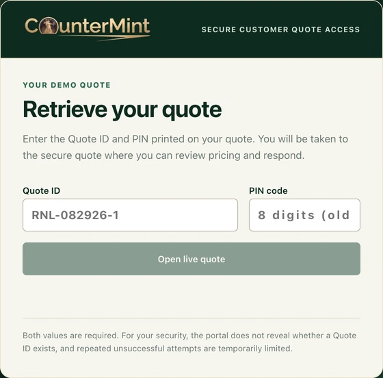 Customer quote retrieval form with empty Quote ID and PIN fields.