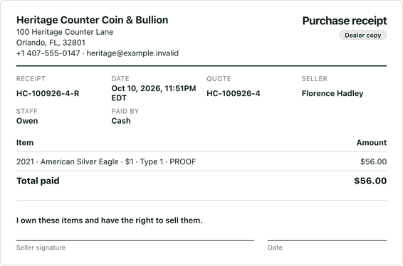Purchase receipt from the demo: Heritage Counter Coin & Bullion, a 2021 American Silver Eagle bought for $56.00, paid by cash, with the seller statement and a signature line.