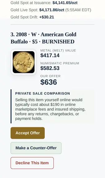 The customer’s copy of the same quote: the gold row of its spot panel, $4,141.65 at issuance and $4,171.86 live, a drift of +$30.21, above the 2008 American Gold Buffalo, now offered at $636.00.